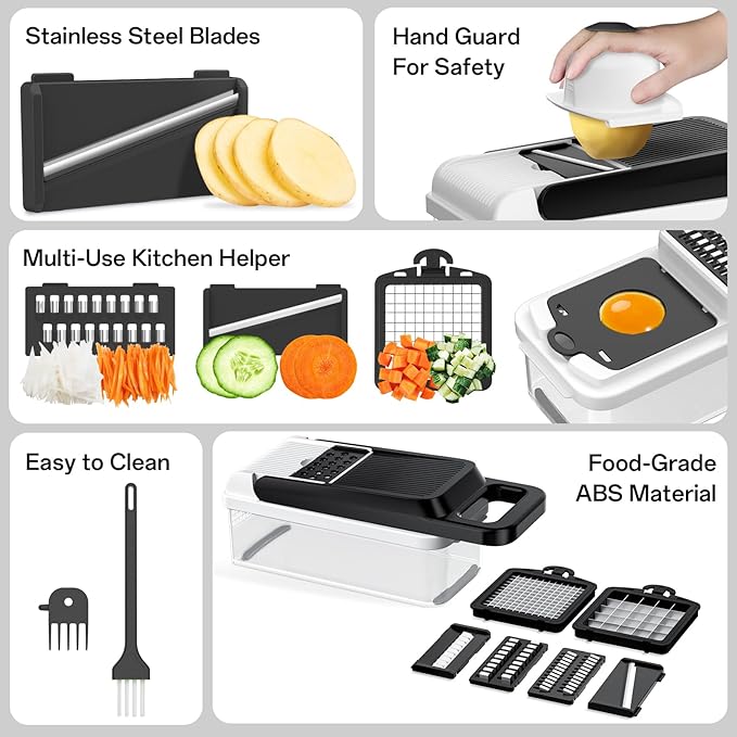 HomeHacks Vegetable Chopper Vegetable Cutter, 12 in 1 Kitchen Gadget, Dicer, Slicer, Onion Cutter, Salad, Cheese Grater & Egg Separator - Multi-Functional Veggie Chopper Lid with Handle (White)