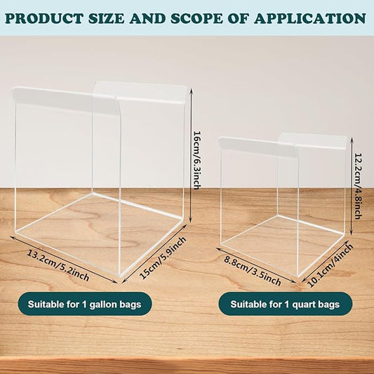 Ziplock Bag Holder, 2 Pack Acrylic Baggy Rack Holder for Food Prep Bag, Food Storage Bag Stand, Freezer Bag Stand, Hands-Free Food Storage Bag Stand for Quart & Gallon Sizes- Transparent