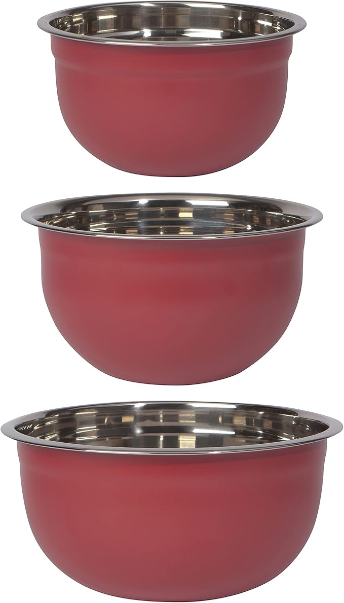 Now Designs Matte Coated Steel Mixing Bowls, Carmine Red, 5 qt, 3 qt, 1.5qt, Set of 3