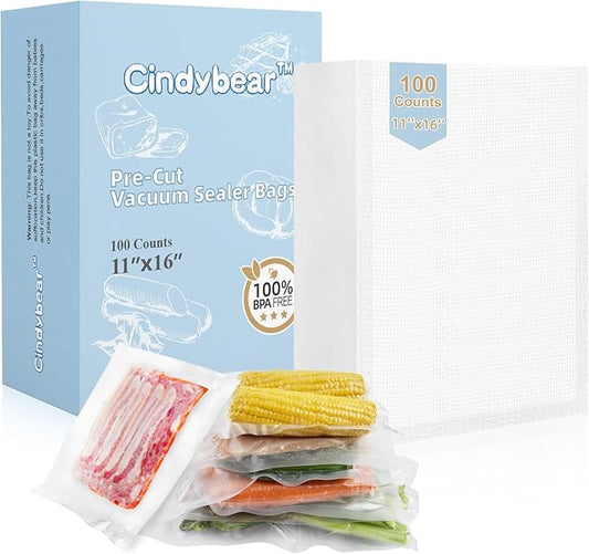 Vacuum Sealer Bags for Food, 100 Gallon 11"x16" Food Saver Bags, BPA Free, Pre-cut Commercial Grade Vac Bags for Food Storage, Heavy Duty, Meal Prep or Sous Vide
