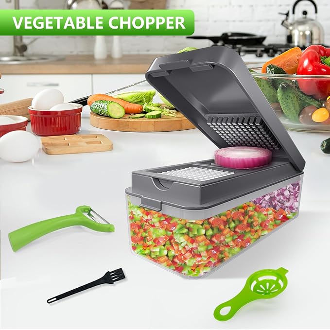 Vegetable Chopper, Onion Chopper Dicer, Mandoline Slicer, Food Chopper with Container, Vegetable Cutter for Salad Potato Carrot Garlic（9 Blades, Grey）