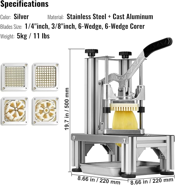 VEVOR Commercial French Fry Cutter with 4 Replacement Blades, 1/4" and 3/8" Blade Easy Dicer Chopper, 6-wedge Slicer and 6-wedge Apple Corer, Lemon Potato Cutter for French Fries with Extended Handle