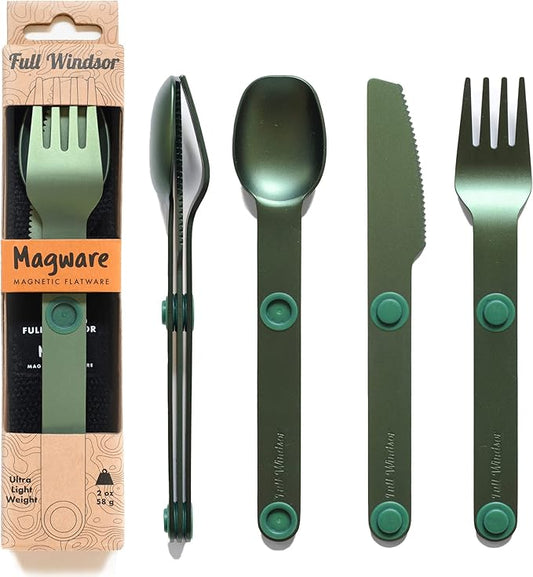 FULL WINDSOR - MAGWARE Magnetic Camping Cutlery Set - Travel Utensils for Camping, Cooking, and Outdoor Dining - Knife, Fork & Spoon- Portable Silverware with Pouch - Fathers Day Gifts - Green (3 PCS)