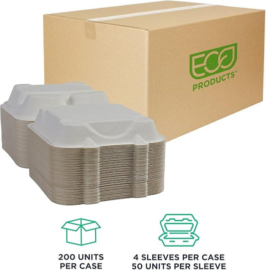 ECO PRODUCTS Compostable Vanguard 8" Clamshell To Go Containers, Case of 200, 3 Compartment, Square Take Out Food Box, White Renewable Molded Fiber, No-Added PFAS, ASTM Compliant, BPI-Certified