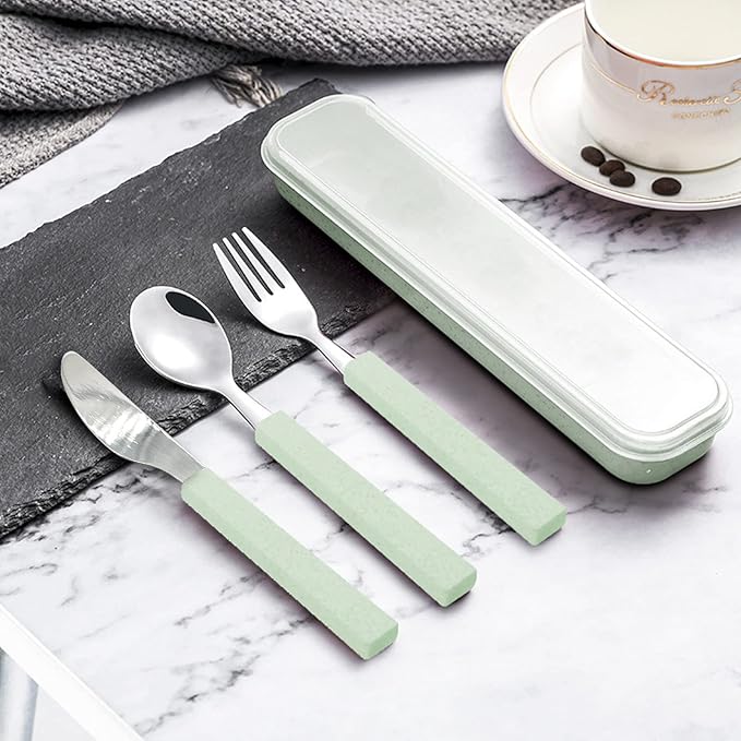 VANRA 3-Piece Children Utensils Set 18/10 Stainless Steel Child Flatware Set Silverware Knife Spoon Fork Set with Travel Case for Kids Lunch Box (Green)