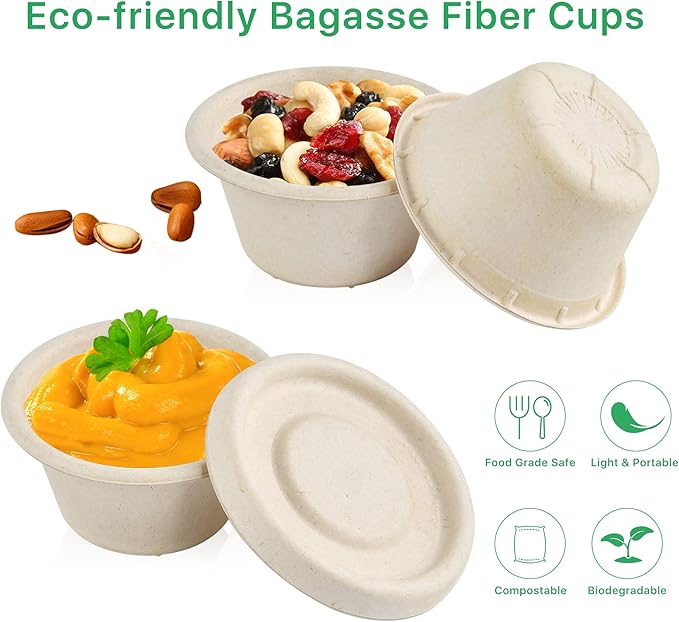 200 Pack 2oz Biodegradable Condiment Cups with Lids, 2 oz Containers with Lids, Small Condiment Cups Sauce Cups for Ketchup Salad Sauce Cheese Buttter