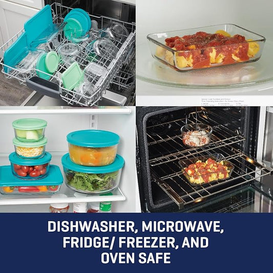 Anchor Hocking 16 Piece Glass Storage Containers with Lids (8 Glass Food Storage Containers & 8 Mixed Blue SnugFit Lids)