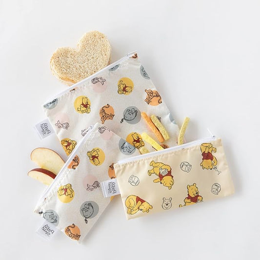 Bumkins Disney Reusable Sandwich and Snack Bags, for Kids School Lunch and for Adults Portion, Washable Fabric, Waterproof Cloth Zip Bag, Travel Pouch, Food-Safe Storage, 3-pk Winnie the Pooh
