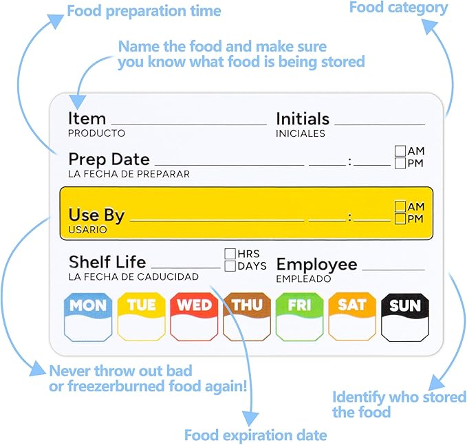Restaurant Quality Shelf Life Food Rotation Labels Vinyl, 2” x 3” Self-Adhesive Removable Freezer Food Labels Stickers, Perfect for Reusable Containers, Food Date Sticker (Large, Count, 2)