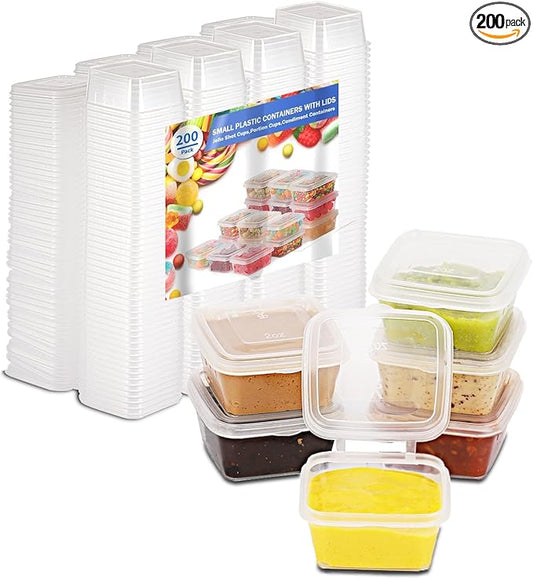2 oz Plastic Containers with Lids (200pack), Disposable Condiment Containers with Lids, Portion Cups for Sauce, Jello Shot, Souffle (Square)