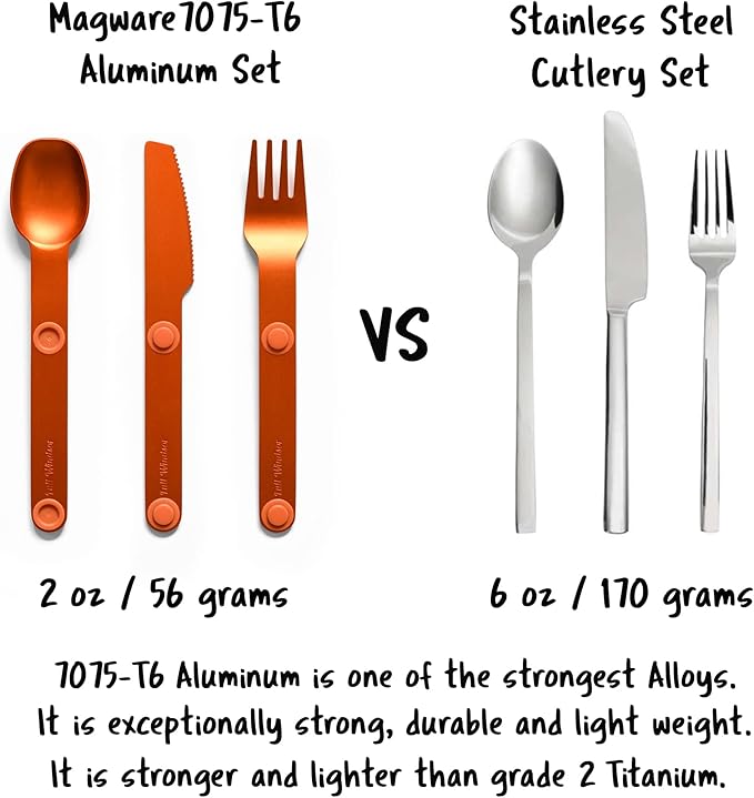 FULL WINDSOR - MAGWARE Magnetic Camping Cutlery Set - Travel Utensils for Camping, Cooking, and Outdoor Dining - Knife, Fork & Spoon - Portable Silverware with Pouch - Orange (3 PCS)