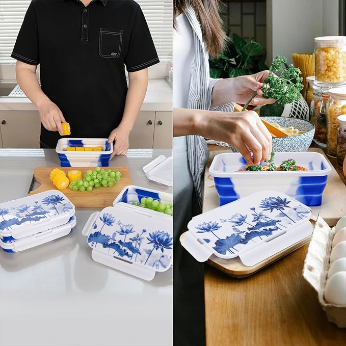 Collapsible Food Storage Containers with Lids in Blue and White Porcelain China Style, 48oz, 4 Pack, Stackable Silicone Containers for Food Lunch, Microwave Freezer Dishwasher Safe, White