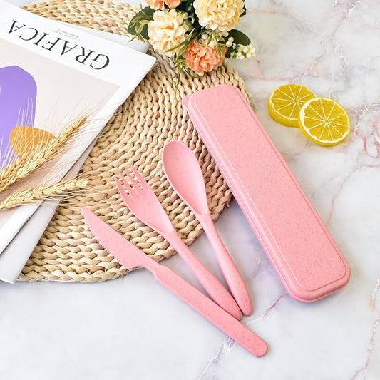 1 PCS Reusable Utensils Set with Case, Camping Utensils Plastic Spoons and Forks Sets for Lunch Box Accessories, Portable Cutlery Set for Kids Adults Travel Picnic Office Lunch Daily Use(Pink)