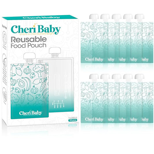 CheriBaby Reusable Baby Food Pouches for Toddlers – 10 Packs, BPA Free Plastic, Food Safe, Freezer Safe, Refillable Squeeze Pouch for Applesauce, Yogurt & Puree, Leakproof Double Lock Zipper, 7oz