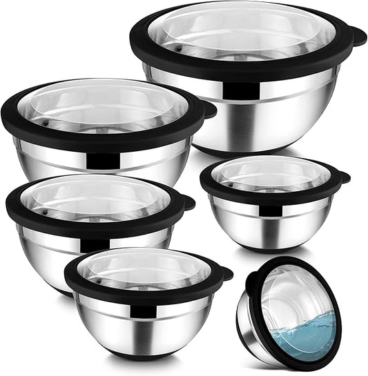TeamFar Mixing Bowls with Lids Set of 6, Stainless Steel Metal Salad Bowls with Non-Slip Bottom, For Mixing Serving Prepping, Healthy & Heavy Duty, Black,4.6/3.5/2/1.5/1/0.7 QT