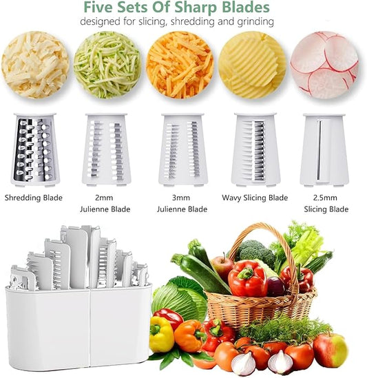 Rotary Cheese Grater 5 in 1 Cheese Grater with Handle Vegetable Slicer with 5 Interchangeable Blades, Storage Box, Green Cheese Shredder with Strong Suction Base for Kitchen (White)
