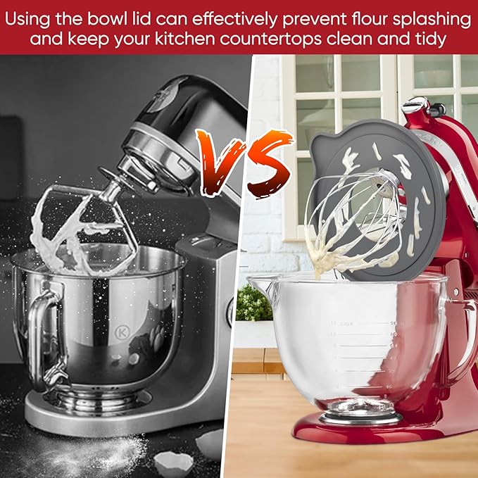 Tilt-Head Stand Mixer Glass Bowl, 5 QT,Compatible with Kitchenaid Artisan&Classic Series,Glass Bowl with Lid,Mixer Bowl Cover to Prevent Spilling of Ingredients,Contemporary with Grey Lid