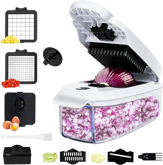Vegetable Chopper - Veggie and Food Chopper Combo - Onion Chopper with Container - Mandoline Slicer for Kitchen, White/Black, HF5-01