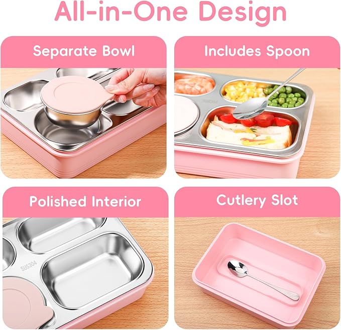 36-oz Lunch Box Containers Stainless Steel Bento Box for Adults with 4-Compartment Snack Tray, Soup Bowl with Lid & Metal Spoon, Dishwasher Safe, Easy to Carry, Pink