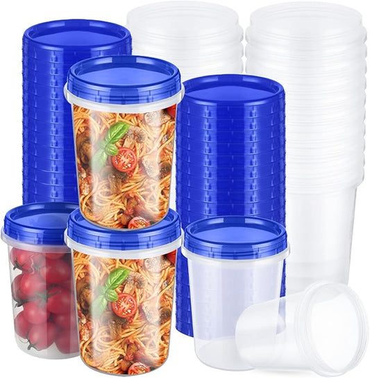 24 Pcs 32 oz Food Storage Freezer Container with Twist Top Lids Reusable Plastic Soup Food Containers with Screw on Lids Leakproof Round Containers for Juice Condiments Fruit Snacks Leftovers(Blue)
