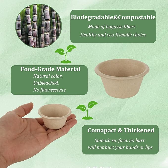 Acrux7 500 Pack 2 oz Paper Souffle Cups, Small Disposable Condiment Cups for Dips, Jams, Honey, Sauces, Nuts, Samples - Compostable Made From Bagasse Fiber