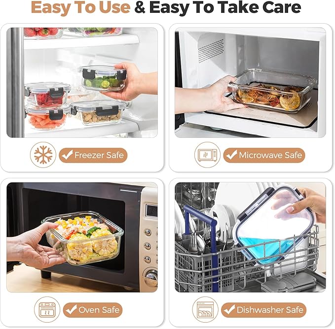 8 Pack Glass Food Storage Containers with Airtight Lids,Glass Meal Prep Containers with, Bento Boxes, Airtight Lunch Containers, Microwave,Oven, Freezer, Dishwasher