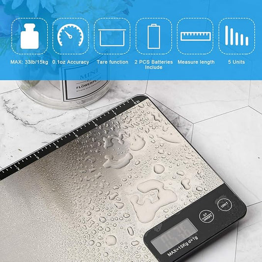 MAX 33lb Kitchen Scale with Measure Length(8inch), Food Scales Digital Weight Grams and Oz with Shrink Hook, 6 Units, Tare Function, High Precision to 1g/0.1oz for Baking and Cooking
