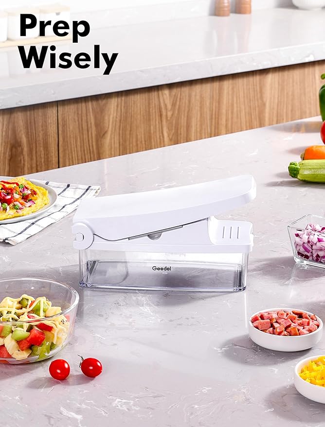 Geedel Vegetable Cutter, Onion Cutter Pro Food Chopper, Kitchen Vegetable Slicer Dicer Cutter, Veggie Chopper with container for Salad Onion Potato Carrot (2 in 1, White)