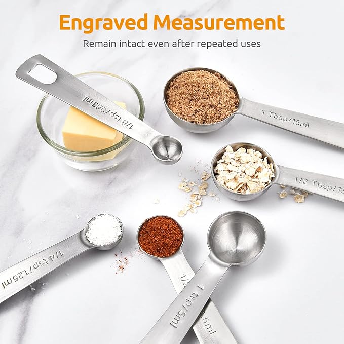 18/8 Stainless Steel Measuring Spoons Set for Dry and Liquid Ingredients (Set of 8), and 600ºF Heat Resistant Silicone Turners, 13.6in Long Solid & Slotted Kitchen Spatula (Aqua Sky)
