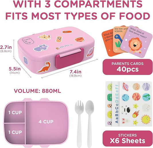 Kids Bento Lunch Box For Boys and Girls With Free Cutlery Set, 6 Sticker Sheets (5+ Years) and Parent Cards - 880 ML Leakproof 3 Compartment Lunch Box for kids, Portion Control Bento Box Kids - Pink