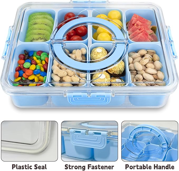 Divided Serving Tray with Lid and Handle,8 Compartments Snacks Box,Snack Fruit Tray,Veggie Tray,Portable Platter for Candy Fruits Nuts Snack Party Entertaining Picnic(1PCS Blue)