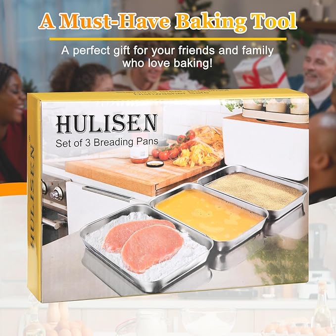HULISEN Breading Trays Set of 3, Large Stainless Steel Breading Pans for Dredging Chicken Breasts and Marinating Meat, Interlocking Food Prep Trays for Coating Fish and Breadcrumb Dishes, Oven Safe
