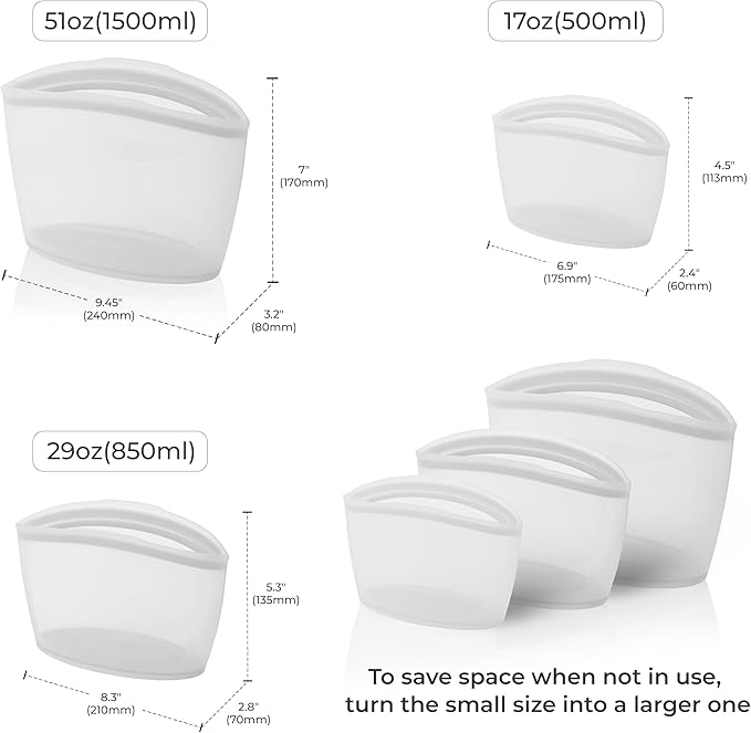 Platinum Silicone Food Grade Reusable Storage Bag, 3set Leak-Proof Airtight Seal, BPA-Free, Microwave, Freezer & Dishwasher Safe, Heat Resistant Sous Vide,Silicone Snack Bags, White