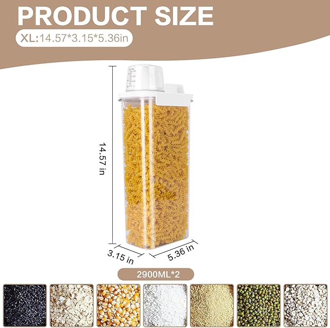 Air Tight Cereal Container Organizer Set of 2-2900ML Total 196oz, Dry Food Storage for Pet Food, Rice, Oatmeal with Pour Spout Lid & Small Plastic Measuring Cup for Flour and Sugar