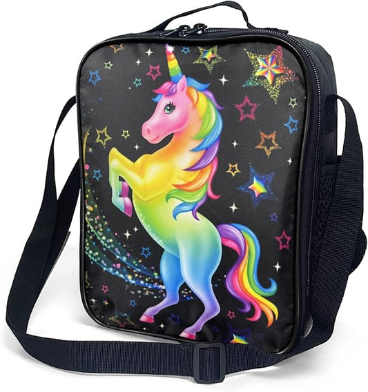 Kids Lunch Box, Insulated Lunch Bag for Girls, Cute Unicorn Lunch Bag with Shoulder Strap, School Bento Lunch Box for Kids Toddlers Teens, Aesthetic Black Reusable Cooler Thermal Meal Tote Kit
