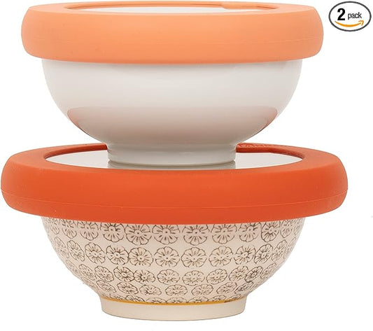 Food Huggers Replacement Lids for Glass Storage Containers | Silicone & Glass Lids that Don’t Crack | Fits Most Round Container Brands & Bowls | 100% Plastic Free | 2 Lid Set (S,M), Terracotta