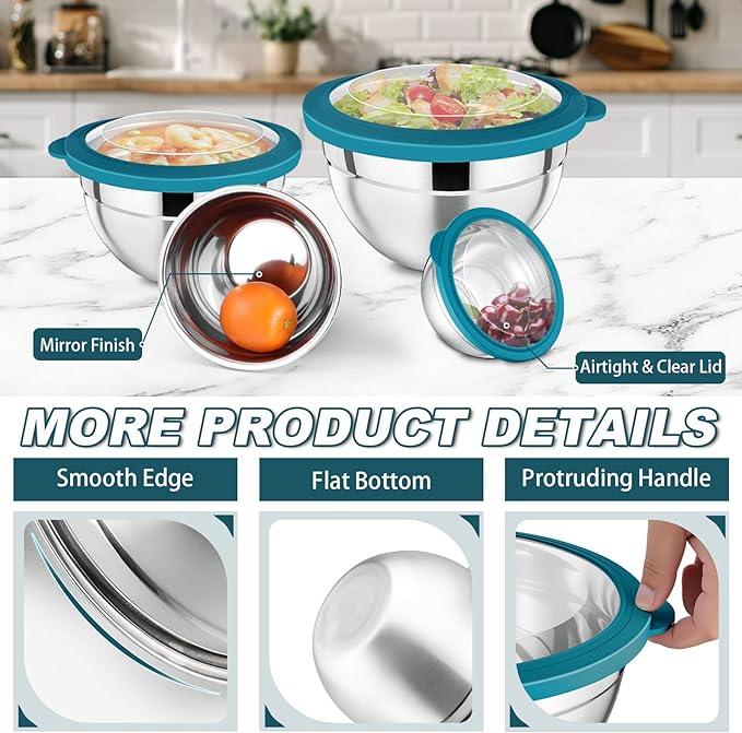 P&P CHEF Mixing Bowl with Lid Set, Stainless Steel Nesting Salad Bowls for Cooking Serving Prepping, Clear Lids & Stackable Design, Size 4.6, 3.5, 3, 2, 1.5, 1, 0.7 Qt - Blue, Set of 7