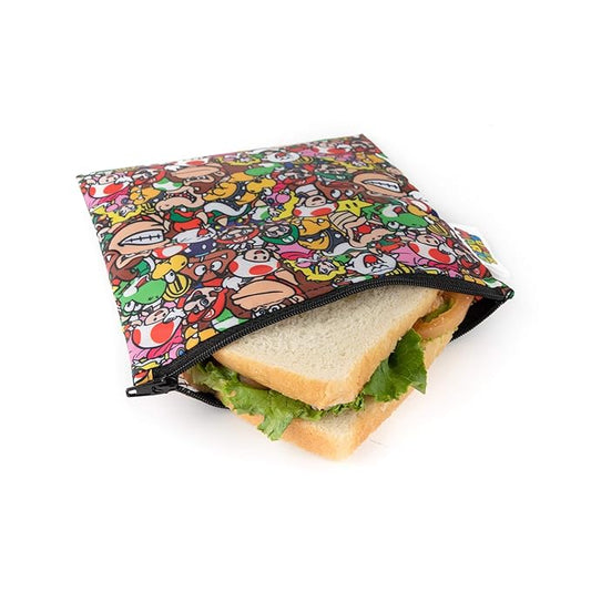 Bumkins Nintendo Reusable Sandwich and Snack Bags, for Kids School Lunch and for Adults Portion, Washable Fabric, Waterproof Cloth Zip Bag, Travel Pouch, Food-Safe, 3-pk Super Mario