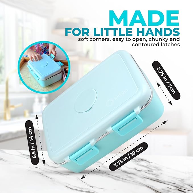 kinsho Stainless Steel Lunch Box for Baby or Toddlers Boys Girls, Insulated Mini Bento, 3 Eco Metal Portion Sections Leakproof Lid, Pre-School Daycare Lunches, Kids Spill-Proof Snack Container, Green