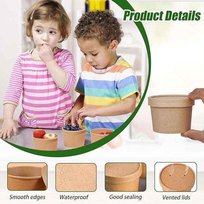 8oz Paper Soup Container Cup with Vented Lids, Disposable Paper Food Container Kraft Dessert Bowl Ice Cream Container Cup, Microwavable and Freezer Safe for Hot Soup, Ice Cream (100 Pcs - Kraft, 8 oz)