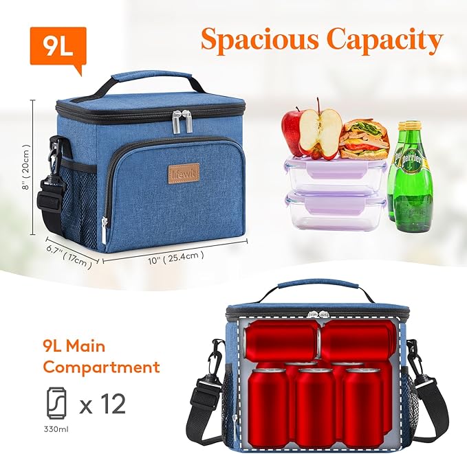 Lifewit Reusable Insulated Lunch Bag for Men, Lunch Box Women, Portable Cooler Freezable Soft Lunchbox Leakproof with Adjustable Shoulder Strap for Adult for Work Picnic or Travel, Dark Blue 9L