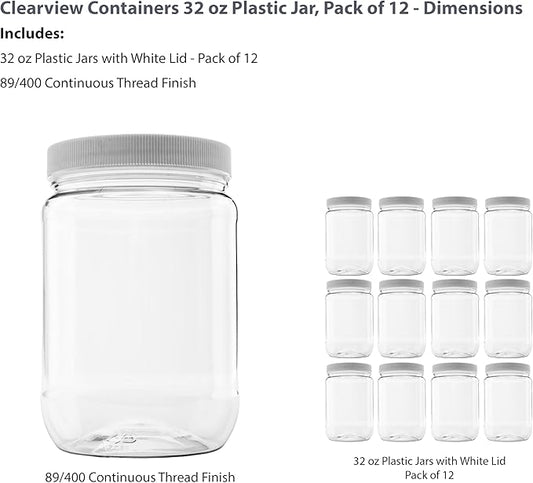 12 Pack of 32 Ounce Plastic Quart Jars with 89RM Leak Proof Seal Lid - Food Grade and BPA Free (32oz, 12pk)