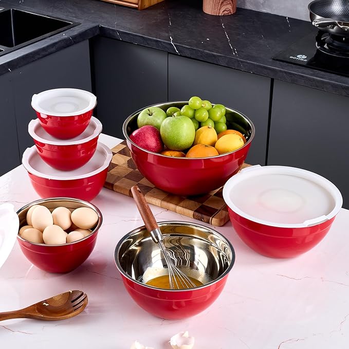 Red Mixing Bowls With Airtight Lids,Stainless Steel Bowl,Salad Bowls 7 Piece Colorful Nesting Bowl Rainbow Kitchen Accessories,Size 7,3.6,2.7,2.1,1.5,1.1,0.8QT Stackable Design