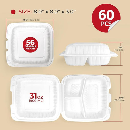 To Go Containers For Meal (60 Pack) 8" x 8" - 31oz 3 Compartments Clamshell Take Out Storage Containers Reusable - Disposable Boxes for Food - White Take Out Containers