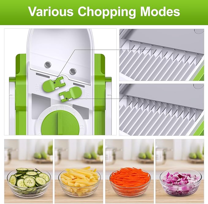 Safe Mandoline Slicer for Kitchen, Adjustable Thickness 0.1-8 mm, 5 in 1 Multi Vegetable Chopper, Potato Slice, Food Chopper French Fry Cutte, with Paring Knife/Cleaning Brush, Mandolin (AvocadoGreen)
