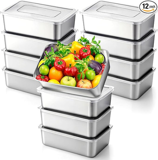 12 Pcs Stainless Steel Food Storage Containers with Lids, 54 Oz Metal Lunch Bento Box Reusable Stackable Meal Prep Container for Kitchen Picnic Travel, Freezer& Dishwasher Safe