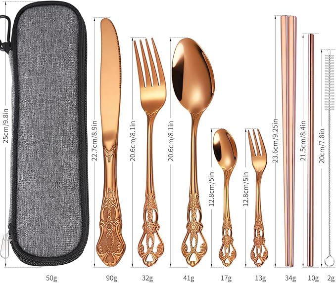 AARAINBOW 7 Pieces Stainless Steel Flatware Set Portable Reusable Cutlery Set Travel Utensils Set Including Chopsticks Knife Fork Spoon Straws Cleaning Brush Dishwasher Safe (G-Rose Golden)