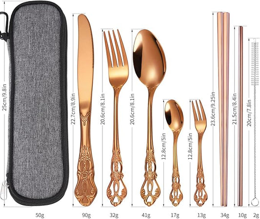 AARAINBOW 7 Pieces Stainless Steel Flatware Set Portable Reusable Cutlery Set Travel Utensils Set Including Chopsticks Knife Fork Spoon Straws Cleaning Brush Dishwasher Safe (G-Rose Golden)