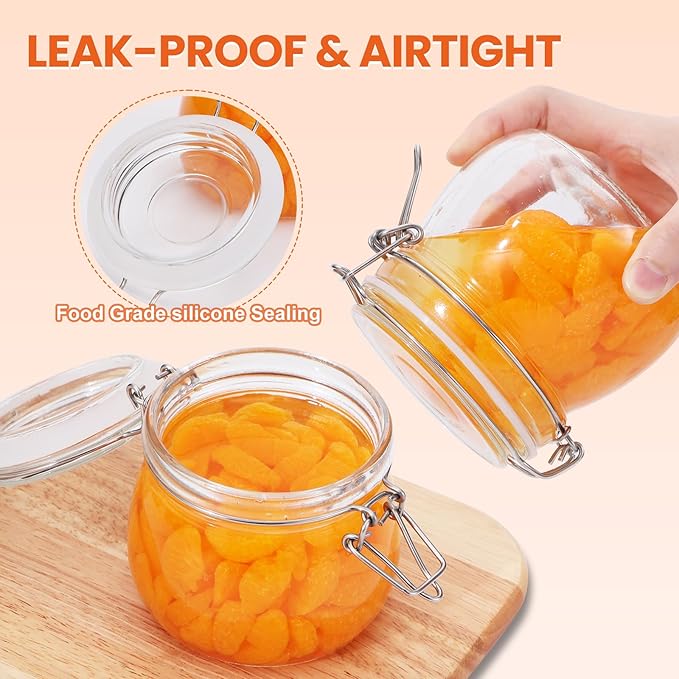 17 oz Glass Jars with Airtight Lids And Leak Proof Rubber Gasket, Wide Mouth Mason Jars with Hinged Lids for Kitchen Canning Cereal,Pasta,Sugar,Beans,Spice, Glass Storage Containers, Set of 6