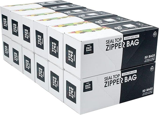 24/7 Bags- Sandwich Zip Storage Bags, 600 Count, Single Zipper Seal, Easy Grip Open Tabs, Write-On Space, BPA-Free & Heavy Duty, Microwave Safe, Non-StandUp